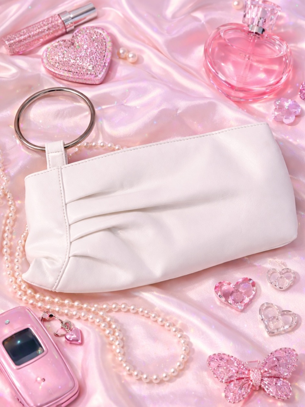 White Faux Leather Wristlet Clutch Silver Ring Handle Y2K Minimalist Bag - Picture 1 of 7